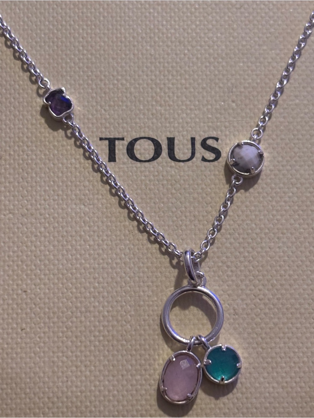 TOUS Silver Pendant Necklace with Pink & Teal Stones